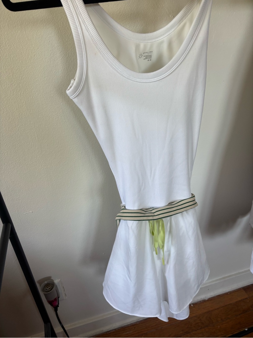 Backless White Ribbed Tank Dress with Contrast Waist Tie